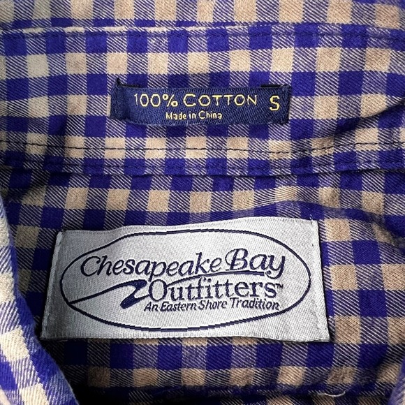 Chesapeake Bay Hunting‎ Shirt Men's SMALL Blue Tan Gingham Check Shoulder Patch - Picture 2 of 7